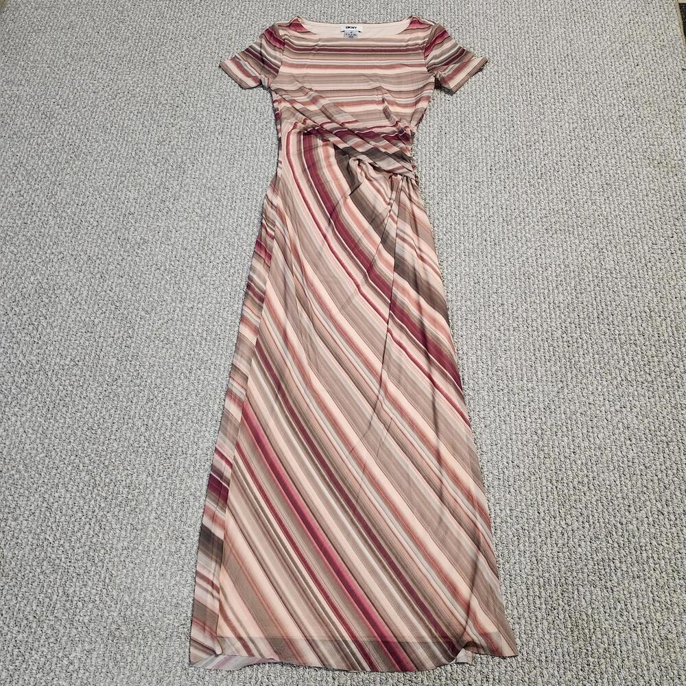 DKNY Dress Mesh Striped Side Knot Boat Neck Midi Size 2 NWT